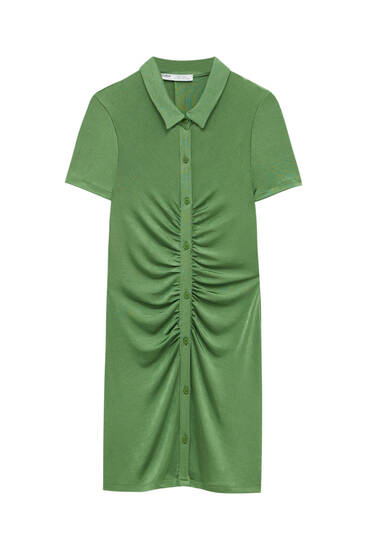 Short shirt dress with ruching and buttons