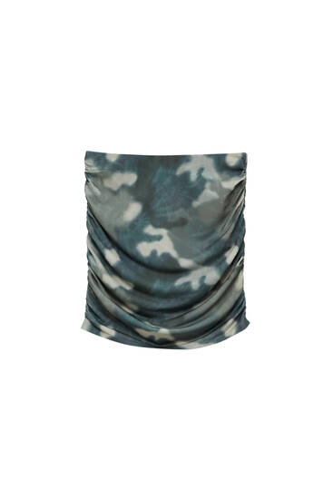 Camouflage print gathered mini skirt