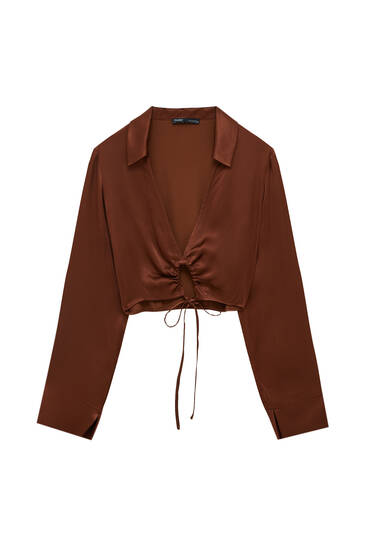 Brown satin blouse with tie detail