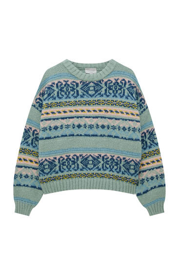 Jacquard knit sweater with border print