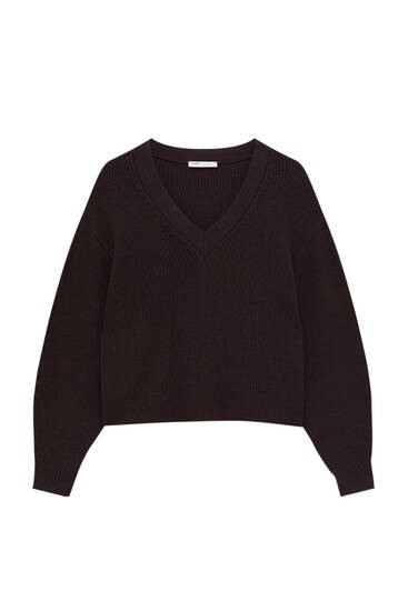 V-neck purl-knit sweater