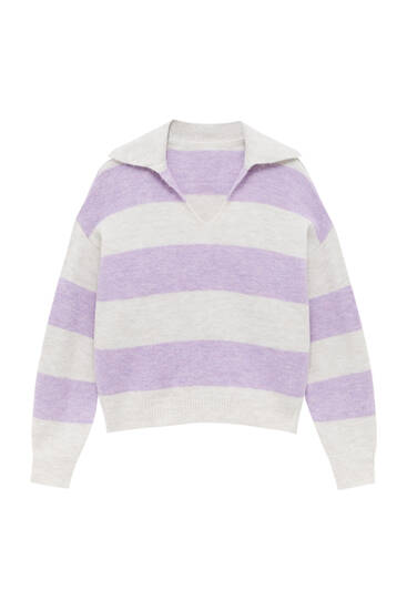 Striped knit polo collar sweater