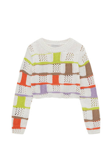Kolorowy sweter szydełkowy