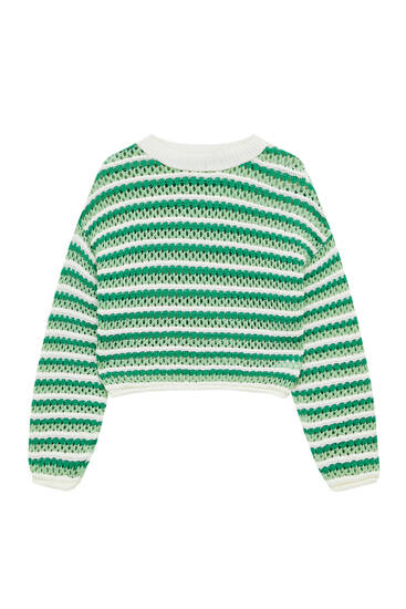 Striped open crochet sweater