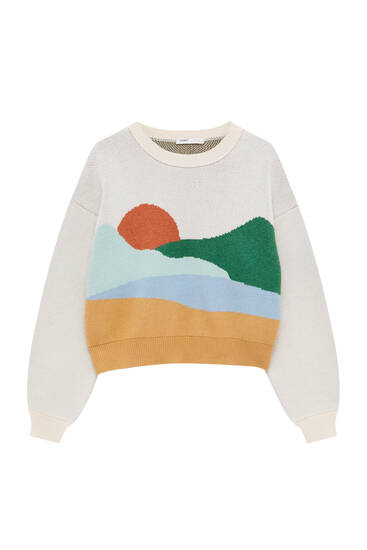 Jacquard knit sweater with landscape