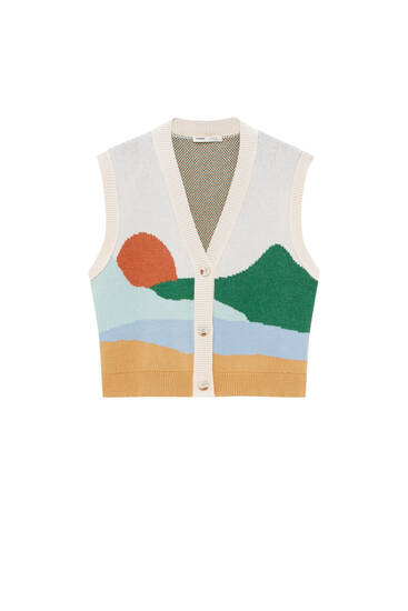 Strikket vest med landskabs-print 