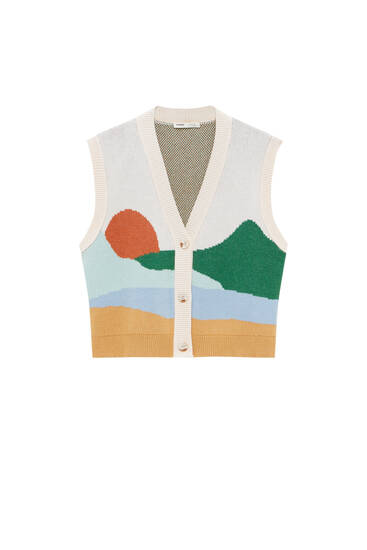 Landscape print knit vest