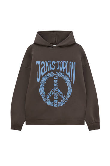 Kahverengi Janis Joplin baskılı kapüşonlu sweatshirt