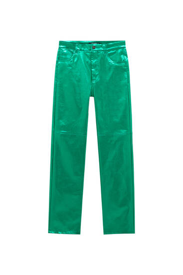 Metalické zelené kalhoty straight fit