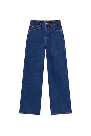 High-waist straight-leg varsity jeans