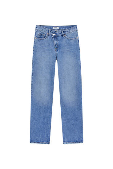 High-waist jeans with crossover waist