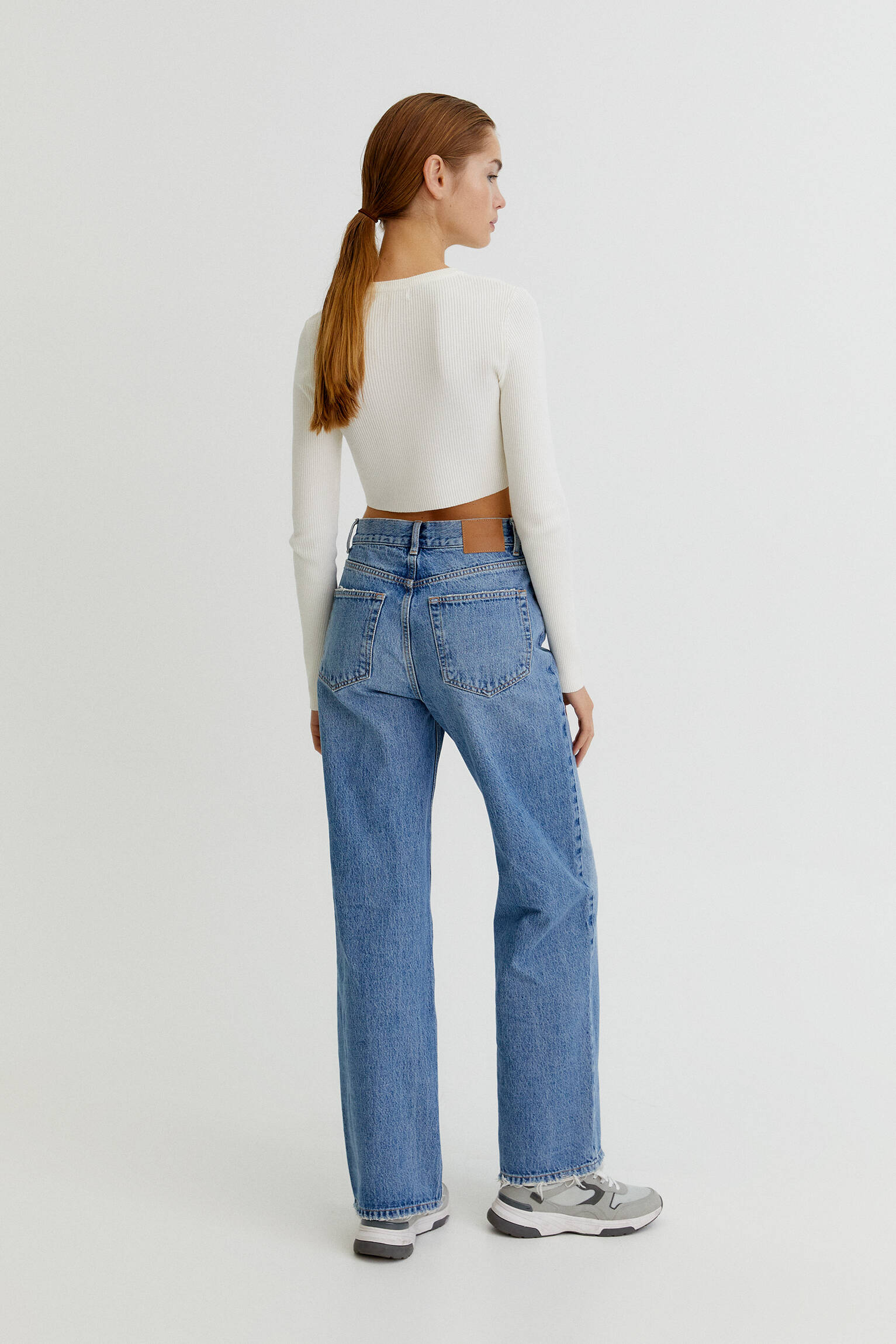 Pull&Bear High Waist Jeans With Cross Over Waist In Blue