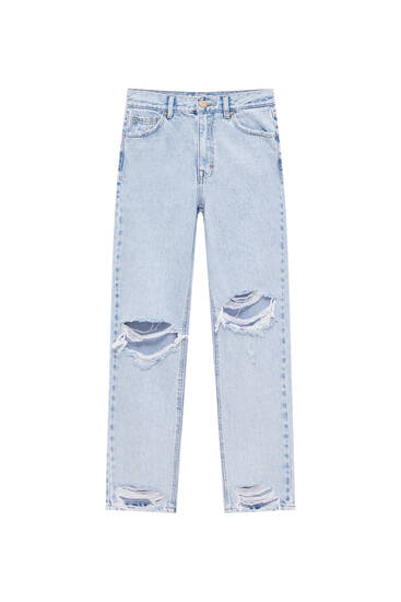 ג'ינס mom fit עם קרעים - מכילים כותנה ממוחזרת