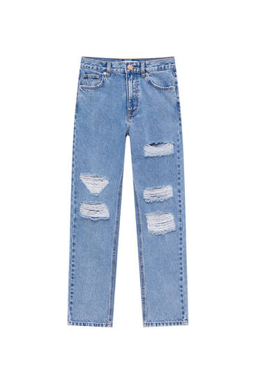 ג'ינס mom fit עם קרעים - מכילים כותנה ממוחזרת