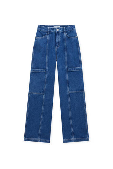 Jeans cargo direitas costuras