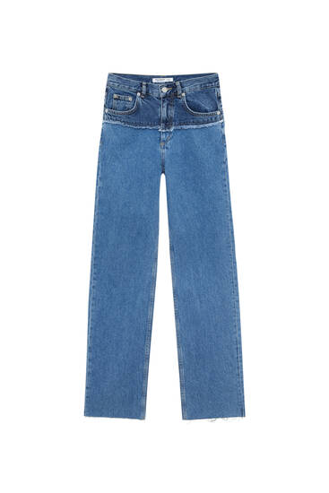 ג'ינס בגזרה ישרה בעיצוב בלוק צבע עם מכפלות פרומות