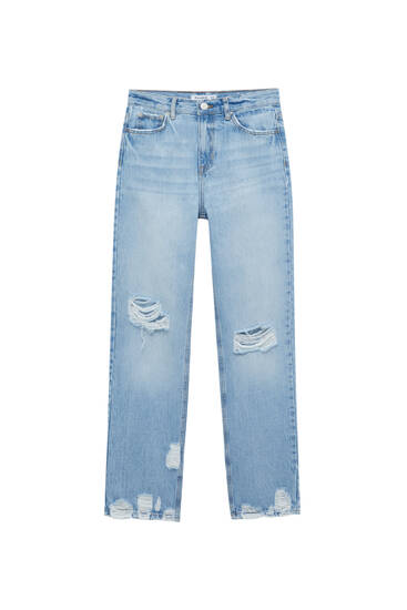 Jeans retas de cintura subida com rasgões
