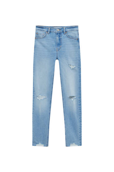Úzké džíny s extra vysokým pasem a roztrženími