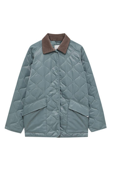 Puffer jacket with corduroy collar