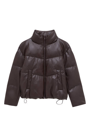 Faux leather zipped puffer jacket.