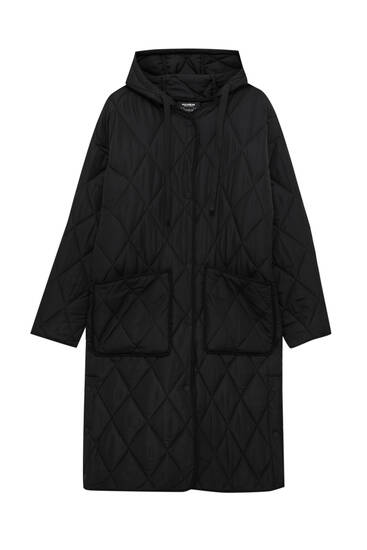 Basic long quilted coat with hood