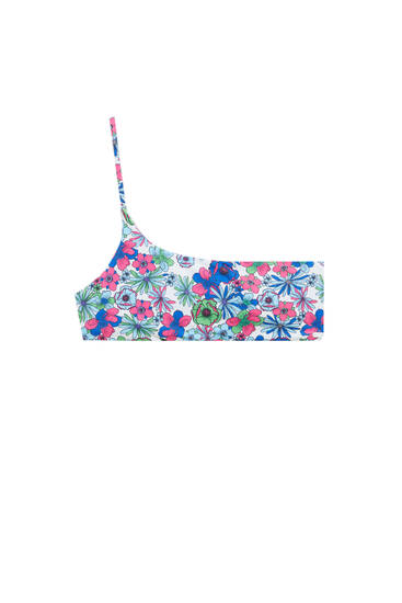 Asymmetric floral print bikini top