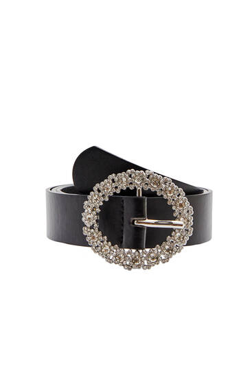 Faux leather belt with rhinestone buckle