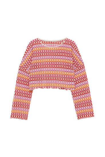 Kolorowy sweter z szydełkowej dzianiny z długim rękawem