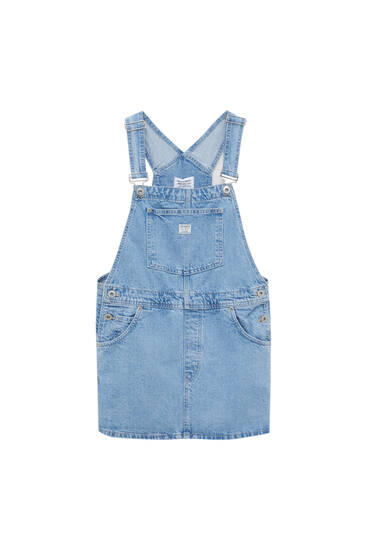 denim dungaree dress knee length