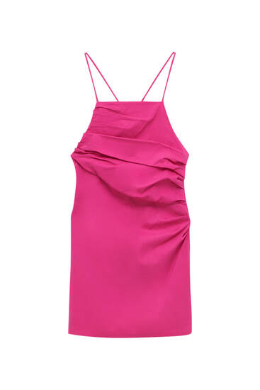 Vestito corto effetto arricciato color rosa fucsia
