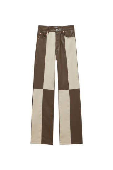 Straight fit faux leather trousers with seams