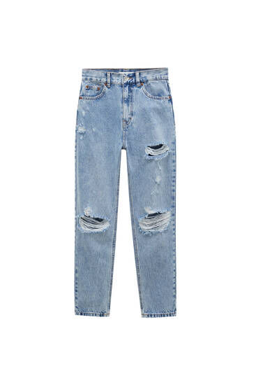 ג'ינס mom fit עם קרעים - כותנה אורגנית (לפחות 50%)