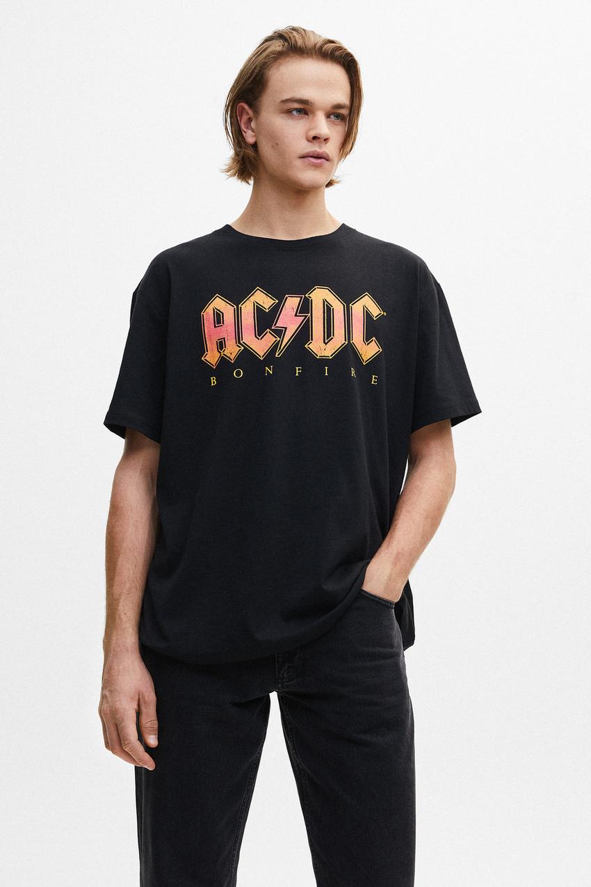 T-shirt Uomo AC/DC Bonfire - Maglietta In Cotone Morbido, Nera, Licenza Ufficiale Rock Off
