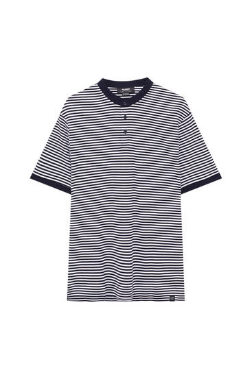 Striped polo shirt with stand-up collar