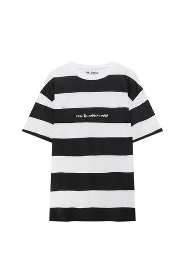 Wide stripe T-shirt with slogan
