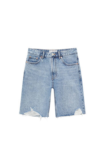 Ripped standard fit denim Bermuda shorts - PULL\u0026BEAR