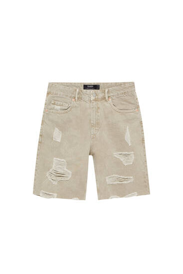 Ripped garment-dyed Bermuda shorts