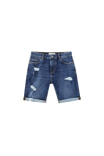 Blue ripped denim Bermuda shorts - PULL\u0026BEAR