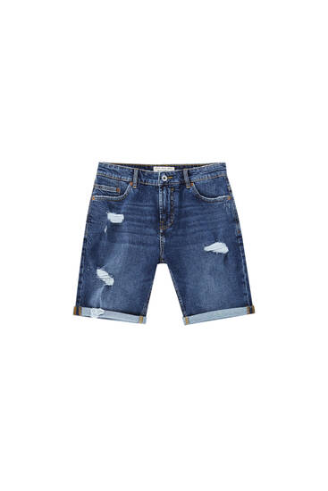 Blue ripped denim Bermuda shorts