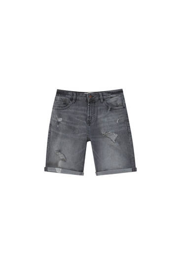 Ripped grey denim Bermuda shorts - with recycled cotton