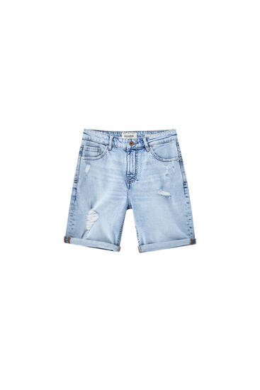 Ripped leg slim denim Bermuda shorts - Contains recycled cotton