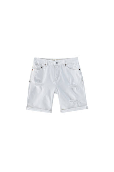 White ripped denim Bermuda shorts