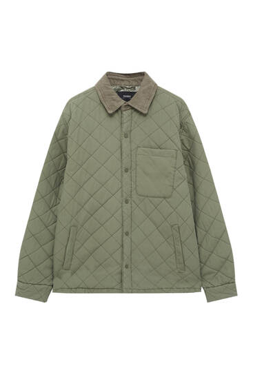 Puffer jacket with corduroy neck and pocket detail