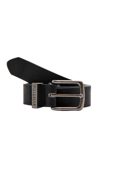 Black faux leather belt with logo