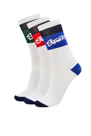 3er-Pack lange Socken mit farbigem Streifen