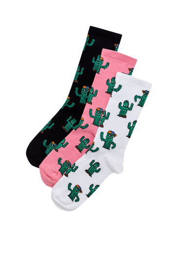 Balení 3 párů ponožek s celoplošným potiskem kaktusů