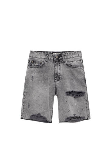 Straight fit denim Bermuda shorts with ripped detail