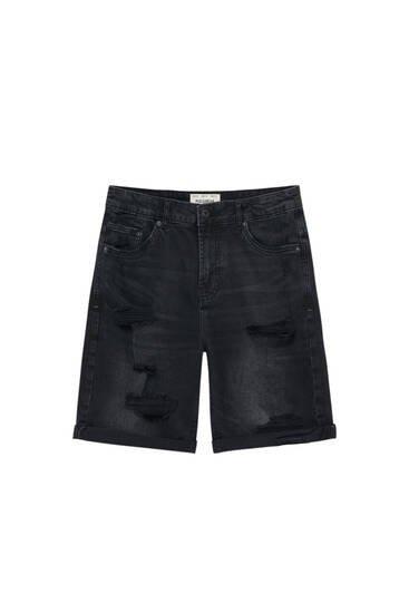 Black denim slim fit Bermuda shorts with ripped detail