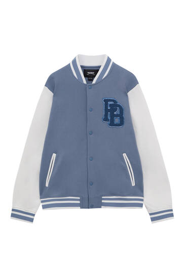 Contrast varsity bomber jacket with patch