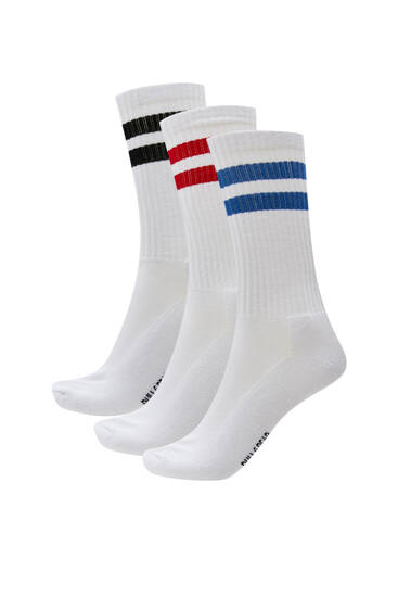 Sada tří párů sportovních ponožek s kontrastními proužky